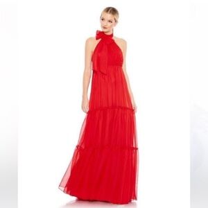 Ieena by Mac Duggal Dress Ruched Tiered High Neck Bow Gown in Red 55848